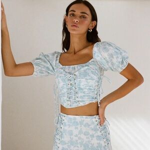 SABO Floral Blue & White Puff Sleeve Lace Up Shirt